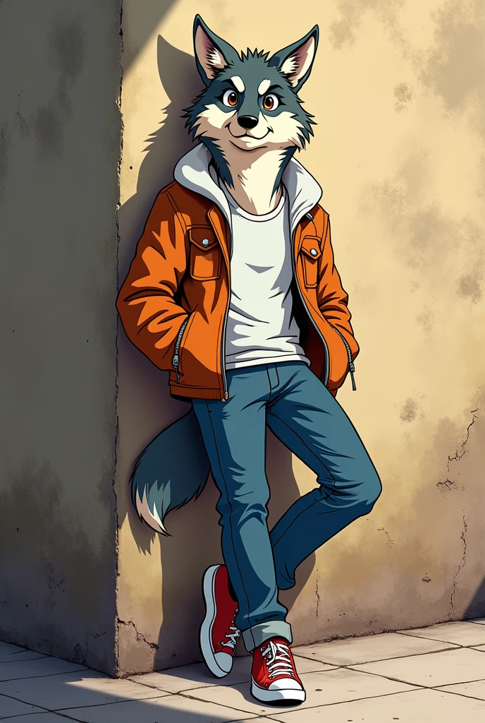 Animated wolf standing, crossing hand, pose tilted   45 degree to the side, anime style, wearing pocket ful jacket, leaning onto wall, crossing leg, casual shoes