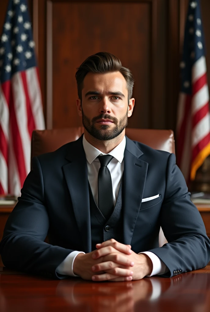 Man, handsome, perfect, brown hair, beard, virile, muscles, elegant, wearing elegant suit, rich, gorgeous, serious facial expression, tall, photography, great lighting, 4k, realistic, detailed, good quality, ultra realistic, luxurious office background with US flag. sitting, CEO, powerful, strong.