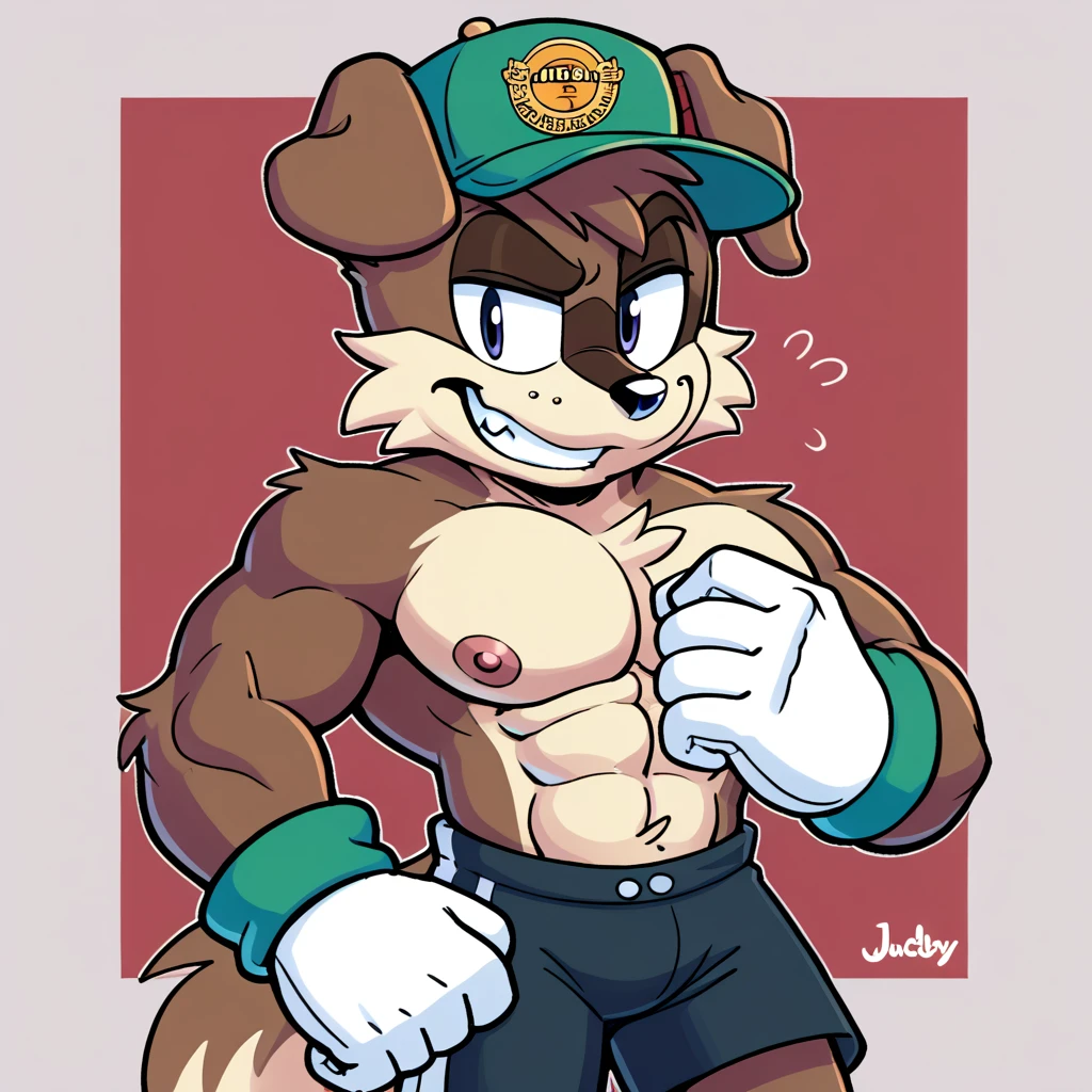 The Russian dog character from Looney Tunes, typically identified as a burly, tough-looking dog with a Russian accent, often portrayed as a loyal and somewhat dim-witted henchman. He has a muscular build, a large snout, and a stern expression. His fur is a dark brown, and he often wears a traditional Russian-style hat, but in this case, he’s wearing black shorts instead of his usual attire. The shorts are simple, fitting snugly around his waist, giving him a more casual look compared to his usual heavy clothing. The contrast between his serious demeanor and the relaxed shorts adds a humorous touch to his appearance.