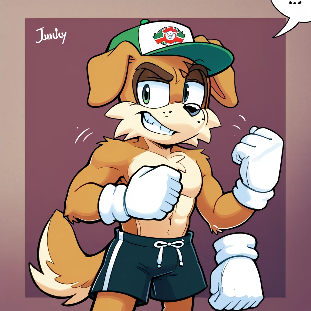 The Russian dog character from Looney Tunes, typically identified as a burly, tough-looking dog with a Russian accent, often portrayed as a loyal and somewhat dim-witted henchman. He has a muscular build, a large snout, and a stern expression. His fur is a dark brown, and he often wears a traditional Russian-style hat, but in this case, he’s wearing black shorts instead of his usual attire. The shorts are simple, fitting snugly around his waist, giving him a more casual look compared to his usual heavy clothing. The contrast between his serious demeanor and the relaxed shorts adds a humorous touch to his appearance.