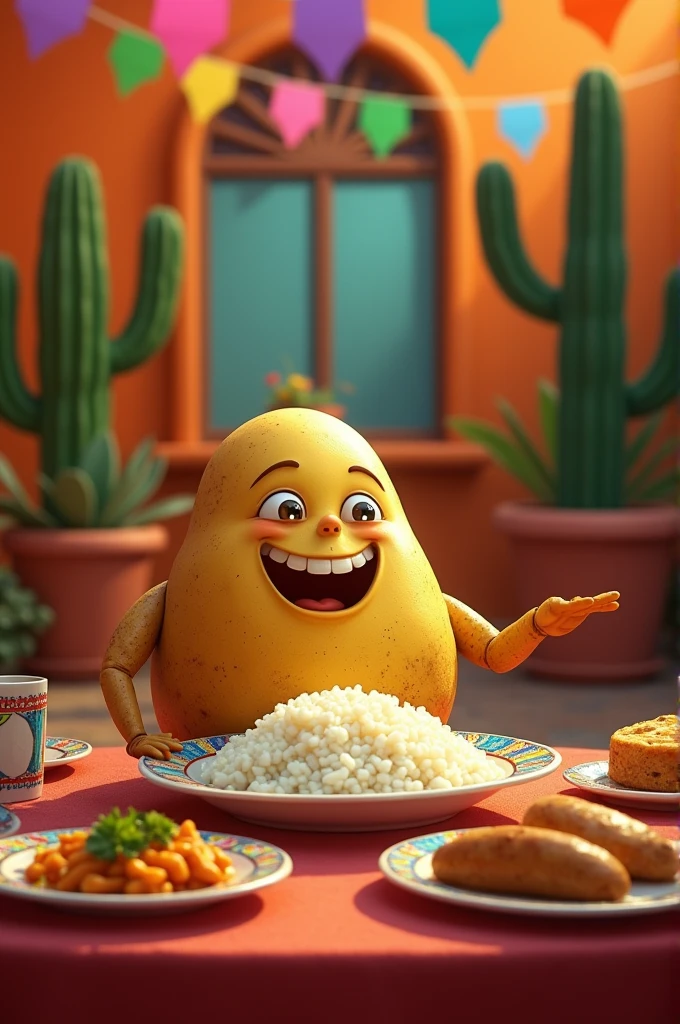 A potato with rice eating Angela Aguilar