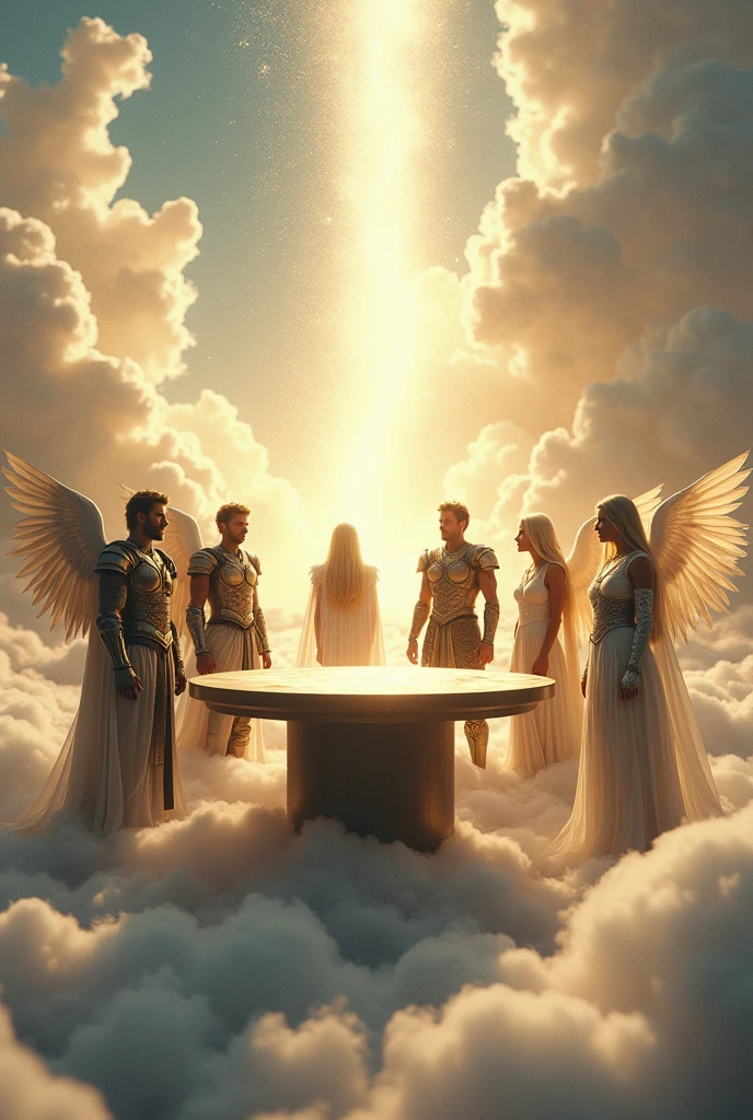 The ground is covered with a sea of clouds, making it a heavenly place.。
There is a cylindrical desk in the middle.、
4 men、Three blonde girls、angels、
Standing、Surrounding the desk。
The warriors are having a meeting。