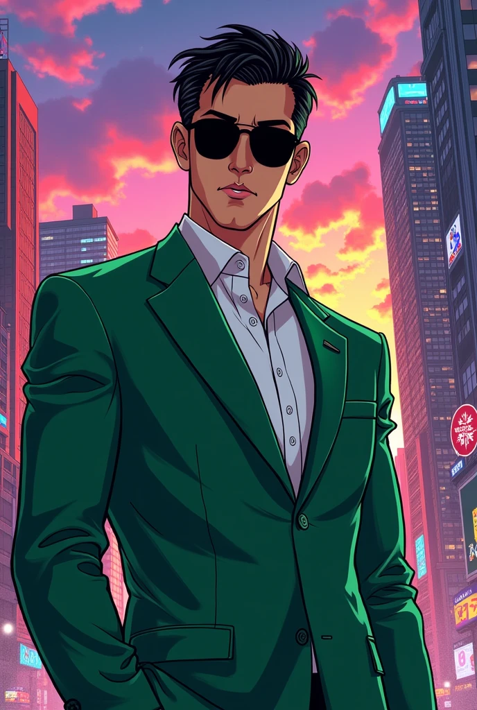I want you to create an image of agent six from the generator rex series, a 32 year old asian guy,with green suit,White shirt,sunglasses, negro,black hair has no strands of hair ,you can't see his eyes because of his sunglasses,is thin,In the drawing version of Bl love is an illusion of fargo Omega verse would be Omega