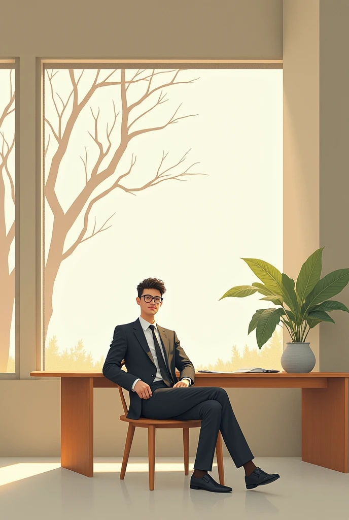 Make me a picture of a man sitting at a table leaning against a window, not so realistic, the man in a suit and tie, simplified