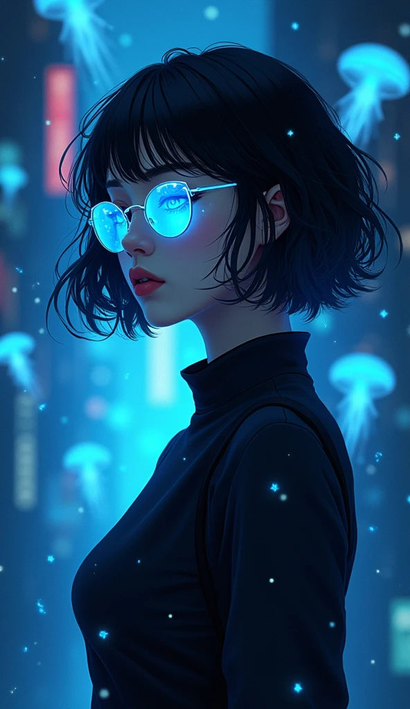 Screenshot of anime Boku no Hero Academia young woman of 25 years old with mature features, half body profile, with short, soft wavy black hair turning white and blue squinty triangular eyes with shooting star shaped pupils shining, lips parted,, wearing a black combat suit, sky blue translucent glasses hacking the system, sparks of blue energy, at night, In a dark alley, high quality, (RAW photo, best quality), (realistic, photorealistic: 1.4), (extremely delicate and beautiful: 1.4), amazing, fine details, masterpiece, ultra detailed, high resolution, best illustration, best shadow, intricate, ( extremely intricate: 1.2), (exquisitely detailed skin), cinematic light, perfect anatomy, (cool color: 1.4), sharp focus, 8k UHD, DSLR, (Fujifilm XT3), (medusas gigantes volando en el aire brillante :1.4),( medusa grandes :1.4)