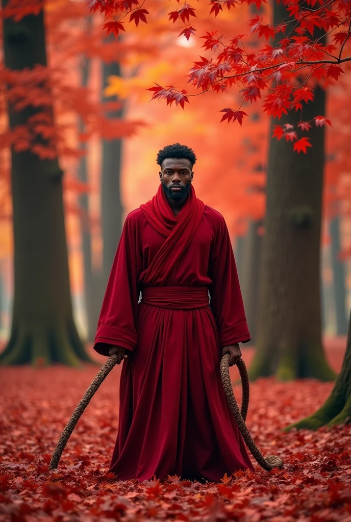 Black man. Forest of trees with red leaves. Holding a two whips. Wearing a robe and have a red scarf