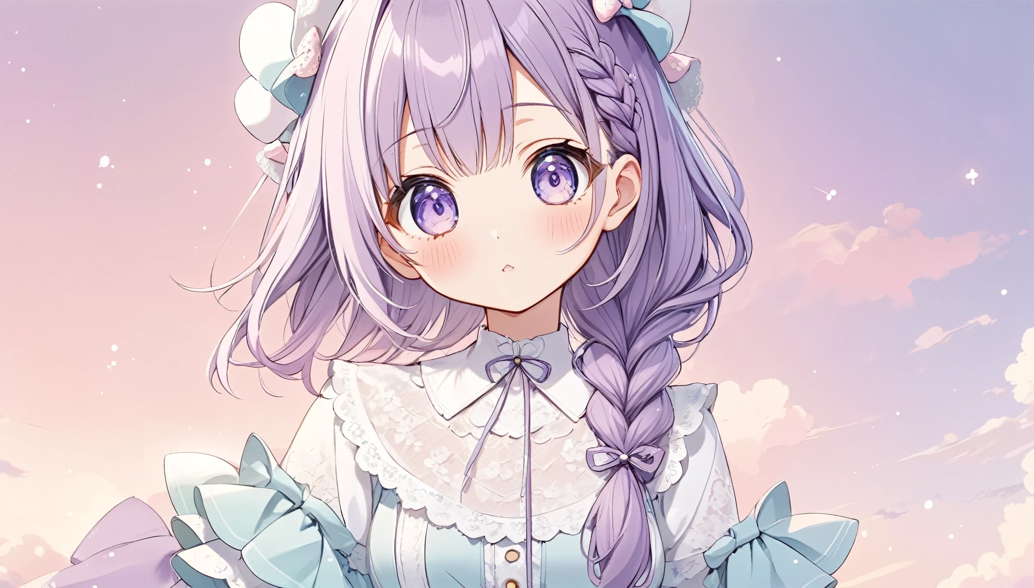 Highest quality,With beautiful eyes, Purple Hair,Braid,Cute anime style, Smooth anime art, pastel colour,Lace cute clothes