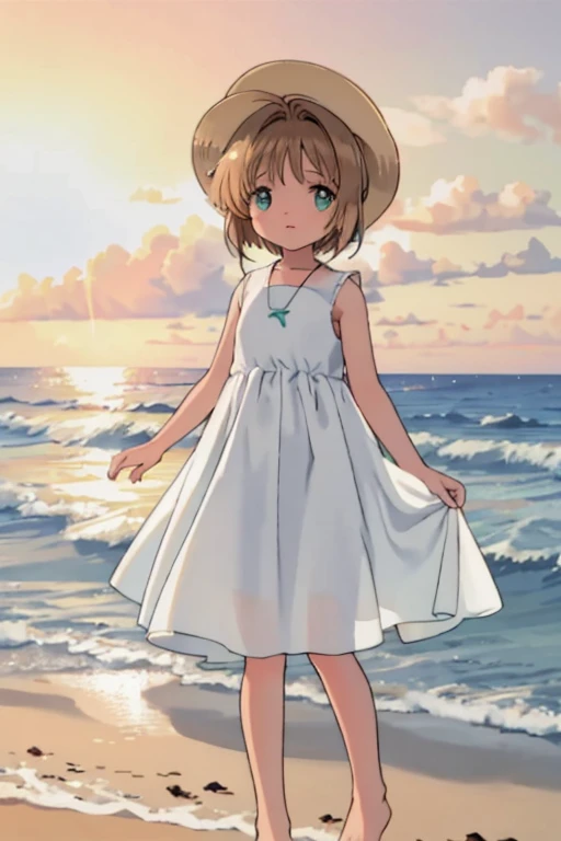 High resolution backgrounds,Beautiful background,anime, cute,Sunset on the beach,The big sun setting on the horizon,9-year-old girl,White summer dress with straps,Chestnut Hair,Short Bob Hair,barefoot,Happy expression,Green Eyes,White straw hat,Lens flare,The hem of a skirt being blown up by the wind
