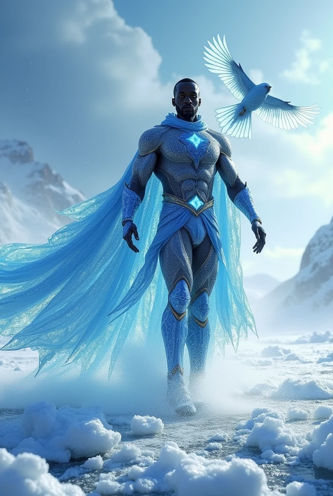 Black man ice powers. Freezing water with steps. Ice royal cape. Flying. Pet ice bird