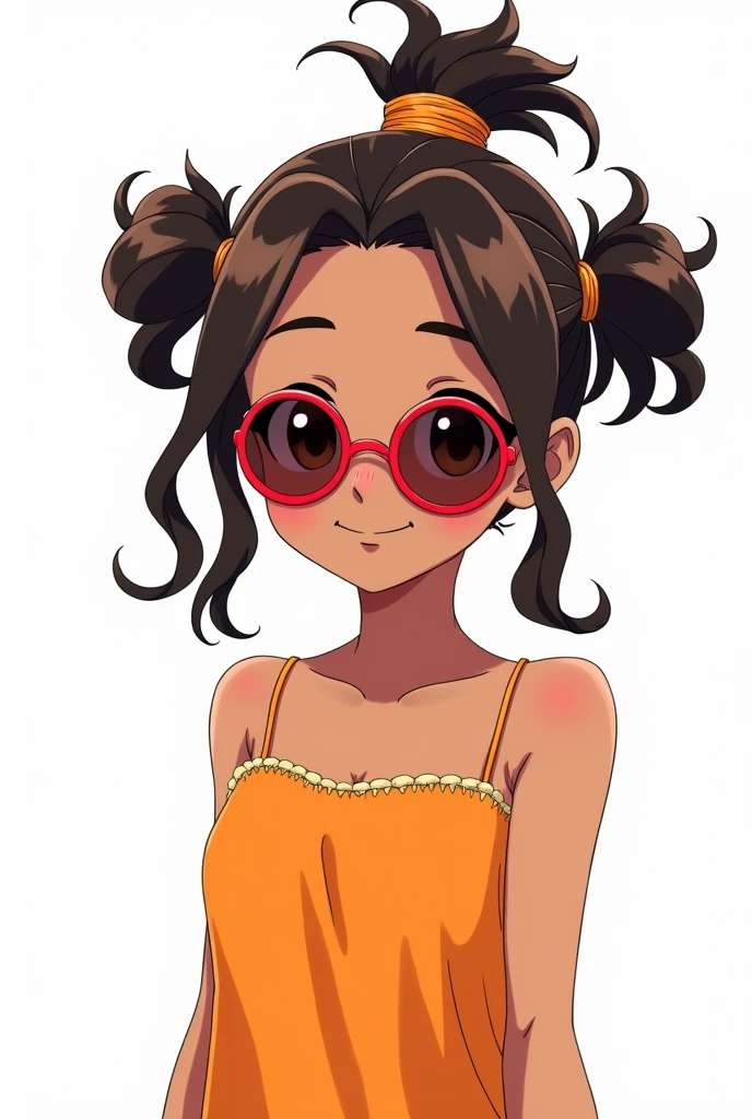 Very cute anime-type girl with slightly dark skin and dark brown eyes, hairstyle three pigtails two on the sides and one up in the middle wrapped in the front , with a long orange strappy top and round red sunglasses with a white background and a ponytail in the middle of two