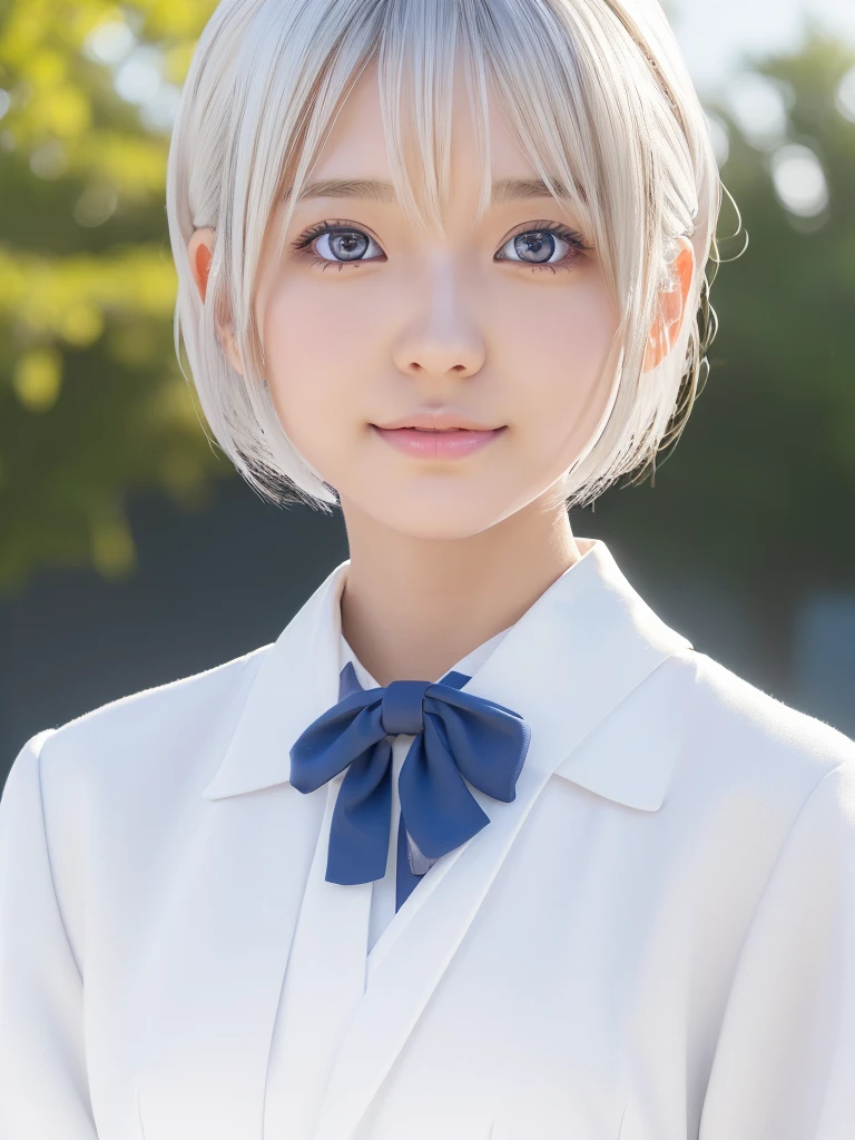 (A beautiful girl in a bright nordic setting, face lighting, realistic, cute, sexy, slim, extremely detailed eyes, droopy eyes,Attractive big shiny clear blue eyes, cutei eyes,beautiful eyes,extremely detailed face:1.5),(best quality:1.4), (ultra-detailed:1.2), (realistic:1.3),(ultra short hair:2.0),(fluffy hair,silver hair:1.25),(close-up of face,smiling:1.25), (japanese highschool white uniform:1.5),detailed skin, intricate details, high quality, detailed background, soft lighting, detailed clothing, natural pose, cinematic lighting, volumetric lighting, digital art, photorealistic, vibrant colors, sharp focus, hyper detailed,Highres fix
