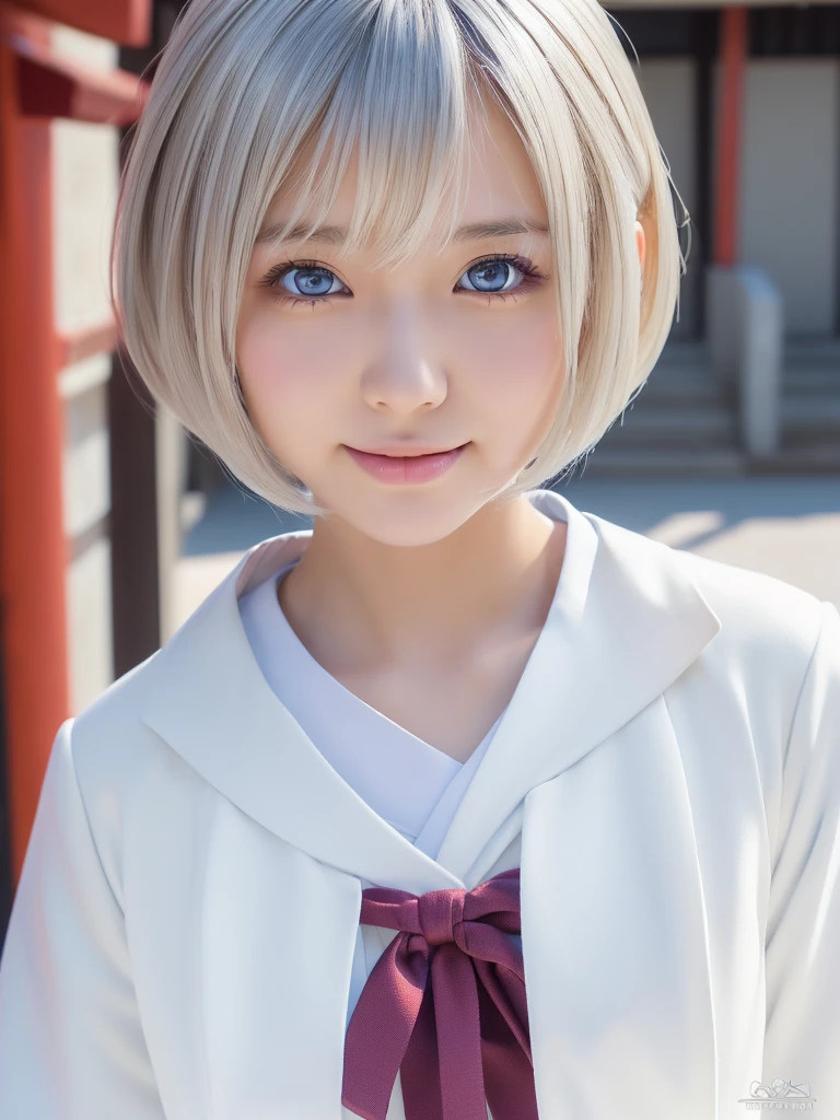 (A beautiful girl in a bright nordic setting, face lighting, realistic, cute, sexy, slim, extremely detailed eyes, droopy eyes,Attractive big shiny clear blue eyes, cutei eyes,beautiful eyes,extremely detailed face:1.5),(best quality:1.4), (ultra-detailed:1.2), (realistic:1.3),(ultra short hair:2.0),(fluffy hair,silver hair:1.25),(close-up of face,smiling:1.25), (japanese highschool white uniform:1.5),detailed skin, intricate details, high quality, detailed background, soft lighting, detailed clothing, natural pose, cinematic lighting, volumetric lighting, digital art, photorealistic, vibrant colors, sharp focus, hyper detailed,Highres fix