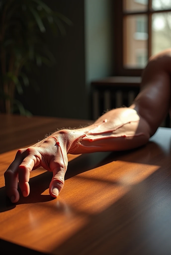 A real arm with prominent veins and hair on a table