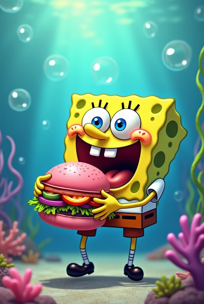 Old Spongebob eating a pink burger