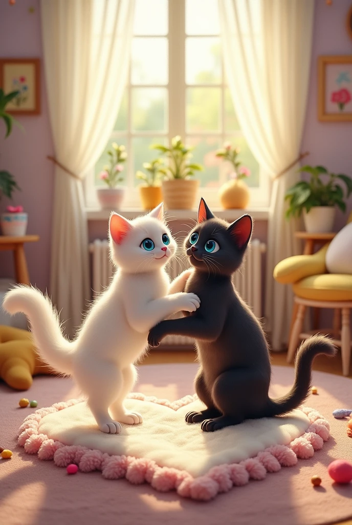 Two cats making a heart shape with their tails. A cute room with beautiful details.