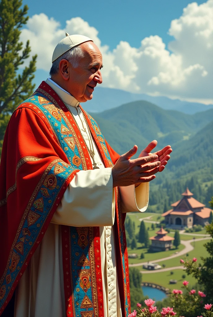 Pope Francis dressed in indigenous clothing