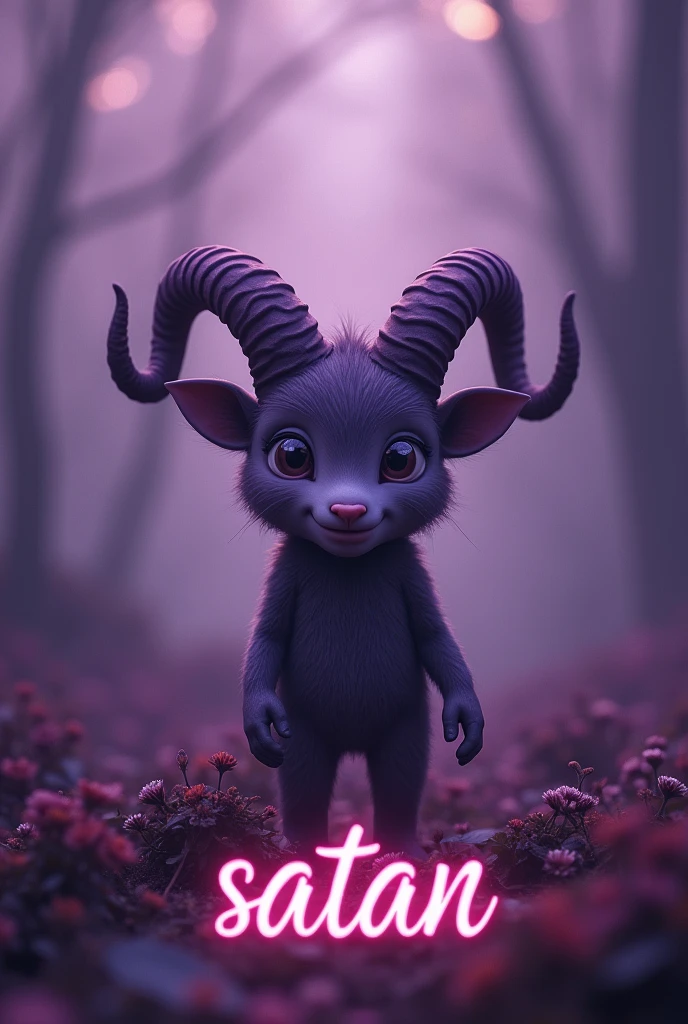A dark lilac landscape with a cute baphomet in the middle and written below "satan"