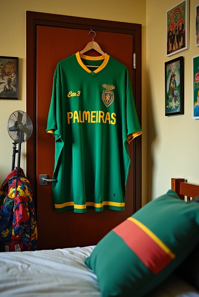 My Four,Shirt Hanging On A Hanger,Palmeiras Team Towel,paintings on the wall,a bed,A Fan,Hanging Backpack and a Rifle 


