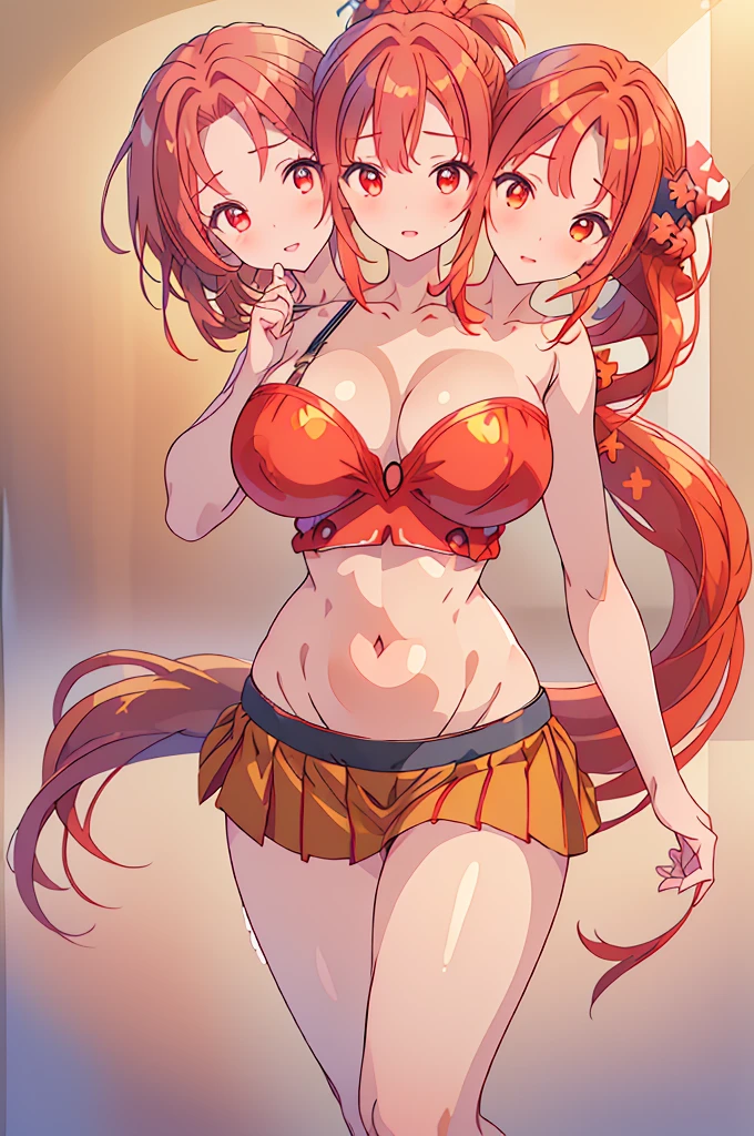 (masterpiece, best quality), best quality, (ultra-detailed), ((3heads:1.5)), 1girl, (kotohime:1.3), masterpiece, best quality, ultra quality, ultra resolution, ultra detail, purple top, crop top, ((stomach)), midriff, ((groin)), exposed open belly, purple skirt, red flower markings on clothes, normal ears, shackles, red hair, very long hair, wavy hair, (examiner ponytail:1.5), red eyes, detailed eyes, beautiful eyes, pupils, parted lips, open belly, smiling, cute smile, soft smile, cute, toned belly, hand on own chest, eyelashes, (25 year old woman:1.3), (masterpiece:1.5), (best quality:1.5), (beautiful detailed), extremely detailed CG, extremely delicate and beautiful, depth of field, (finely detailed face), (perfect details:1.2), (mature female:1.3), wide pelvis, slender, large veiny breast, 16k resolution, highres, very high quality, very high definition, extremely detailed, masterpiece, ((red hair)), long hair, alluring presence, braid, short skirt, close up, very big tits, very huge breasts, yellow bow in her hair, young, 3heads, three headed girl, ((redhead:1.5)),