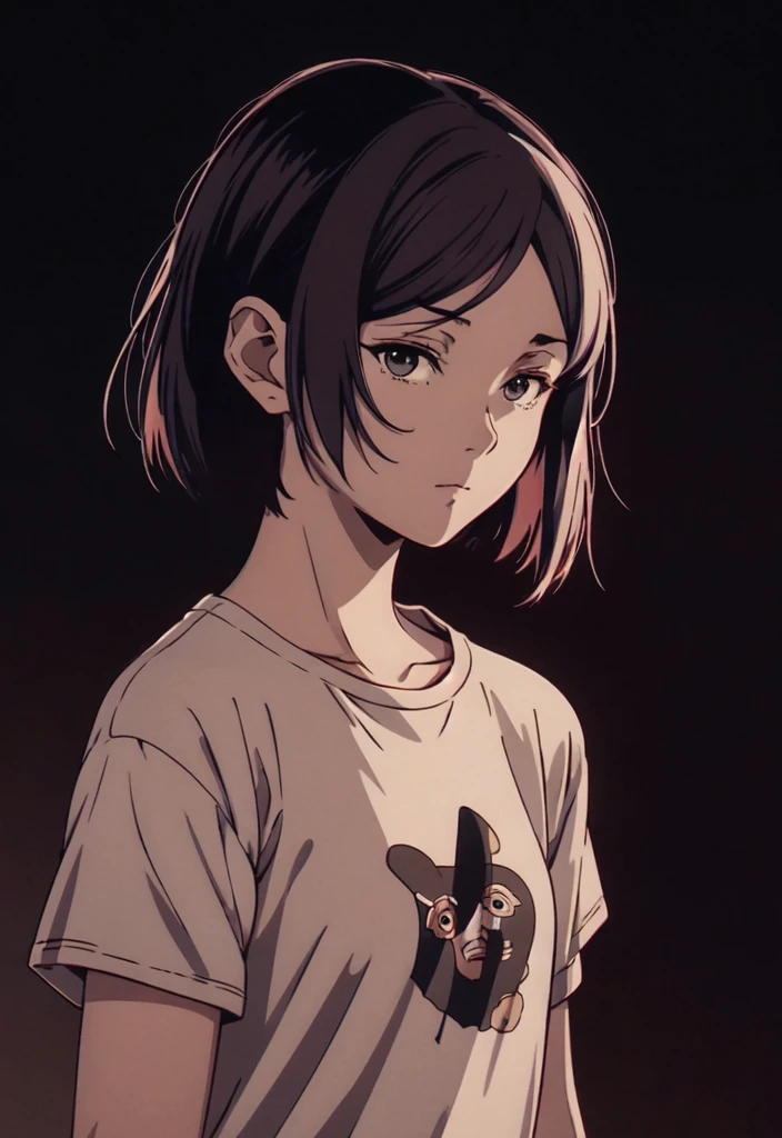 anime girl with white hair and a white t-shirt standing in front of a dark background, artwork in the style of guweiz, profile of anime girl, portrait anime girl, beautiful anime portrait, looking to the viewer, short black hair, bangs, closed mouth, t-shirt,