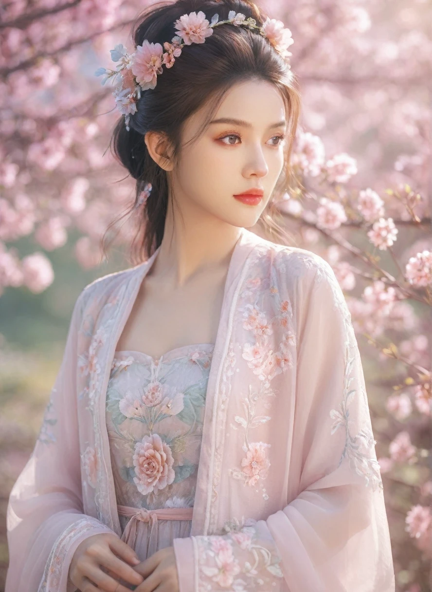 1 girl，Beautiful， Floral Pattern， Radiant Skin， Seductive gaze， Decorative clothing， Natural Lighting， Shallow to see deep， Romantic environment， Dreamy pastel tones， Peculiar details， Film shooting，(8K, original photo:1.2), best quality, Ultra-high resolution，CG Unity 8k Wallpaper，masterpiece，best quality，Very detailed