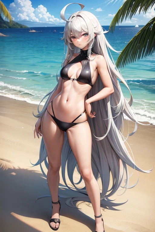 ((best quality)), ((masterpiece)), (detailed), a girl, full body, , young adult, embarrassed face, very tall, gray eyes, long hair white, spiky hair, ahoge, bangs covering her right eye, flat chest, sexy black bikini, seductive legs, beach background, looking at me, anime