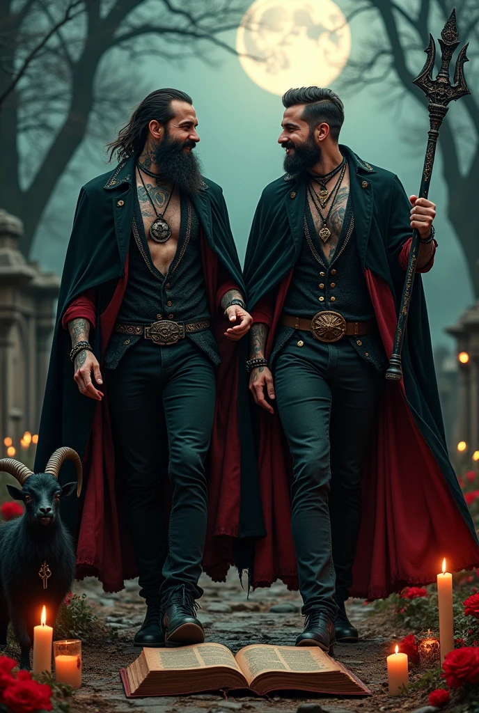 2 Handsome Men with Beards, tattooed. black and red cape,  walking stick, trident, cemetery, lit candles, fire, black magic book,  levitating, black goat, black and gold hat galley , blood, jovial laughter, old hat, full moon, necklaces, black and red clothing 