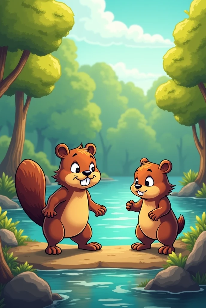 Draw a beaver walking away while another beaver glares at him angrily from behind in cartoon style as a drawing
