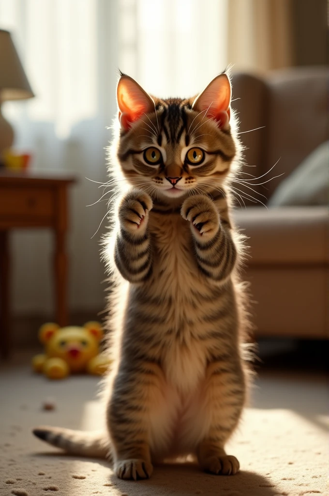 The cat is crying and standing on two legs.