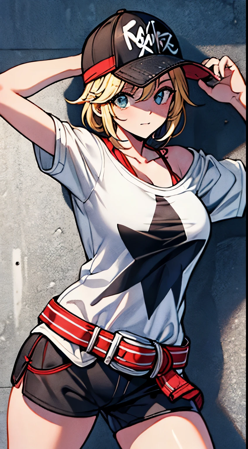 (master part, melhor qualidade, high resolution, papel de parede, extremamente detalhado:1), (illustration:1.0), 1girl, Alicems , kalap, baseball cap, fora do ombro, clivagem, belt, sbikini, shorts , camisa,