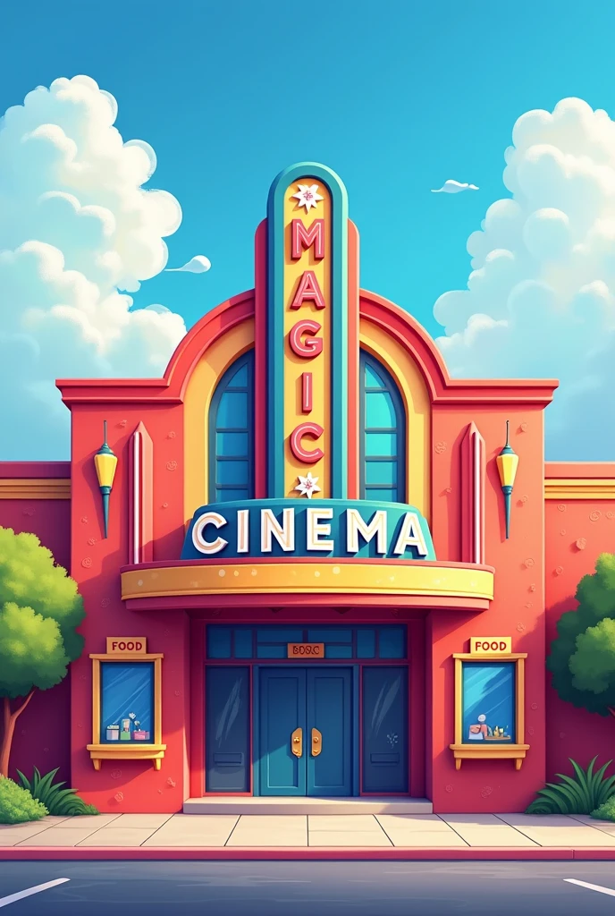 make the outside of a cinema. that it is called MAGIC CINEMA that it is cartoonish, that only the front part is visible. Let nothing cover it, that has the entrance in the middle, that the ticket office where they sell the tickets is on the right side and above the window there is a sign that says BOX OFFICE, and the food on the left side and have a sign above the window that says FOOD, that are in the shape of a window, that is cute and eye-catching, that is elegant and with a high or striking structure (that MAGIC is vertical and CINEMA is horizontal ) that it is a single story
