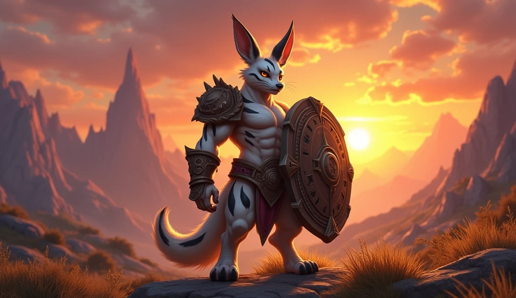 World of Warcraft Vulpera Allied Race with Warrior Class Protection Light-colored fur with dark stripes and large ears holding a large shield with an epic skyline in the background