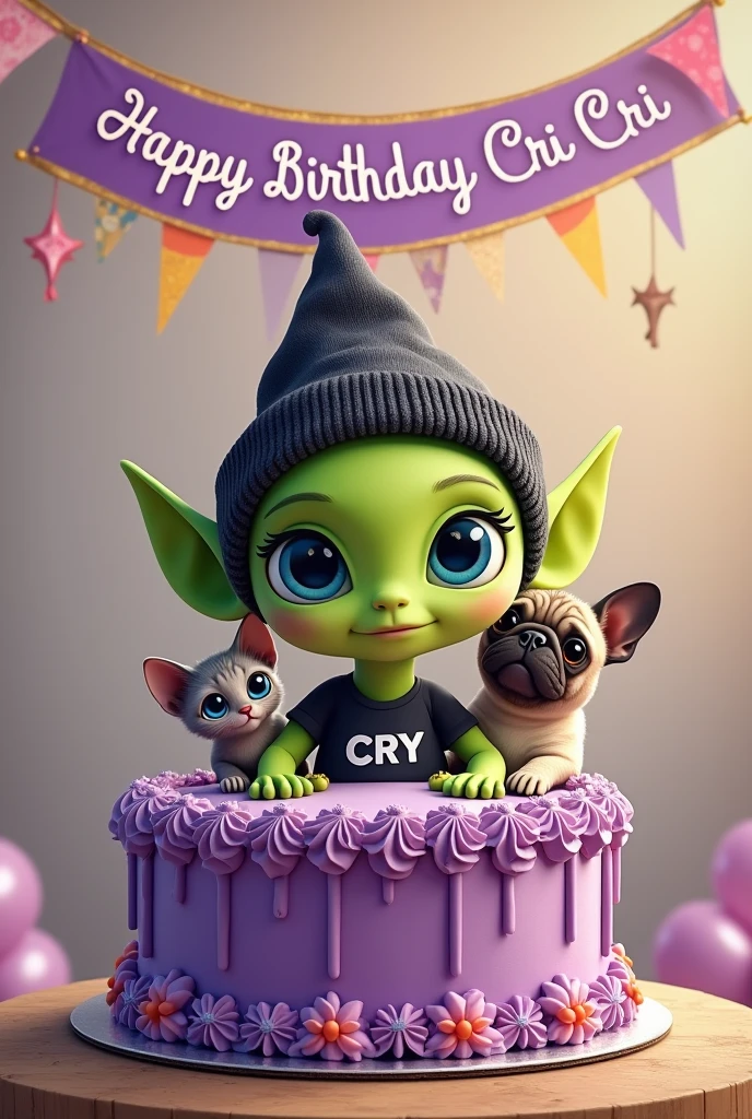 small green male alien with cute face no ears, blue eyes , dressed in a black beanie and a black t-shirt with the name CRY on it and carrying a large purple 25th birthday cake with realistic and intricate details, accompanied by a gray sphynx cat and a pug dog, with the phrase at the top happy birthday Cri Cri