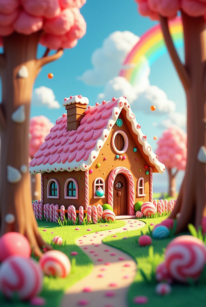 candy house in middle of the forest, gingerbread, sweet house, candy world, marshmallow , generative by AI