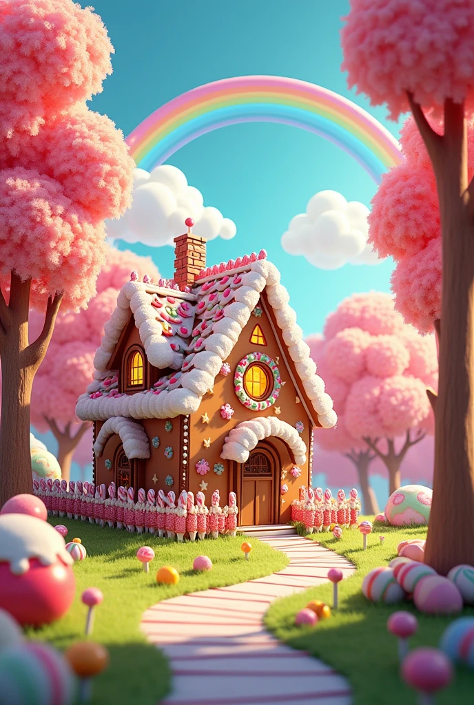 candy house in middle of the forest, gingerbread, sweet house, candy world, marshmallow , generative by AI