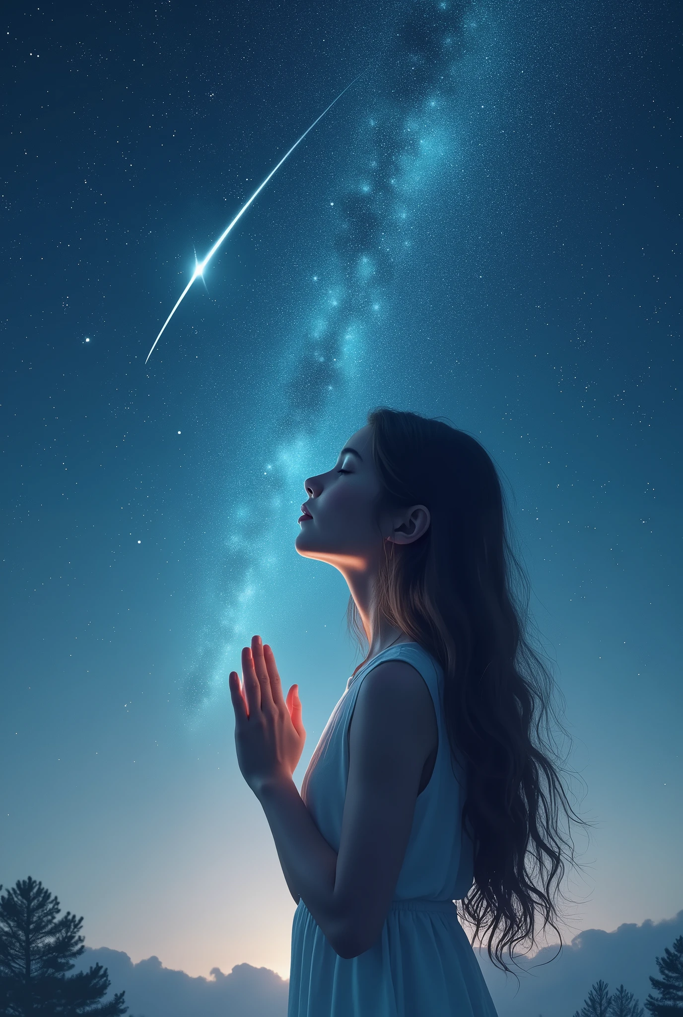 beautiful girl, closed eyes, join hands in prayer, starry sky background, shooting star in the sky