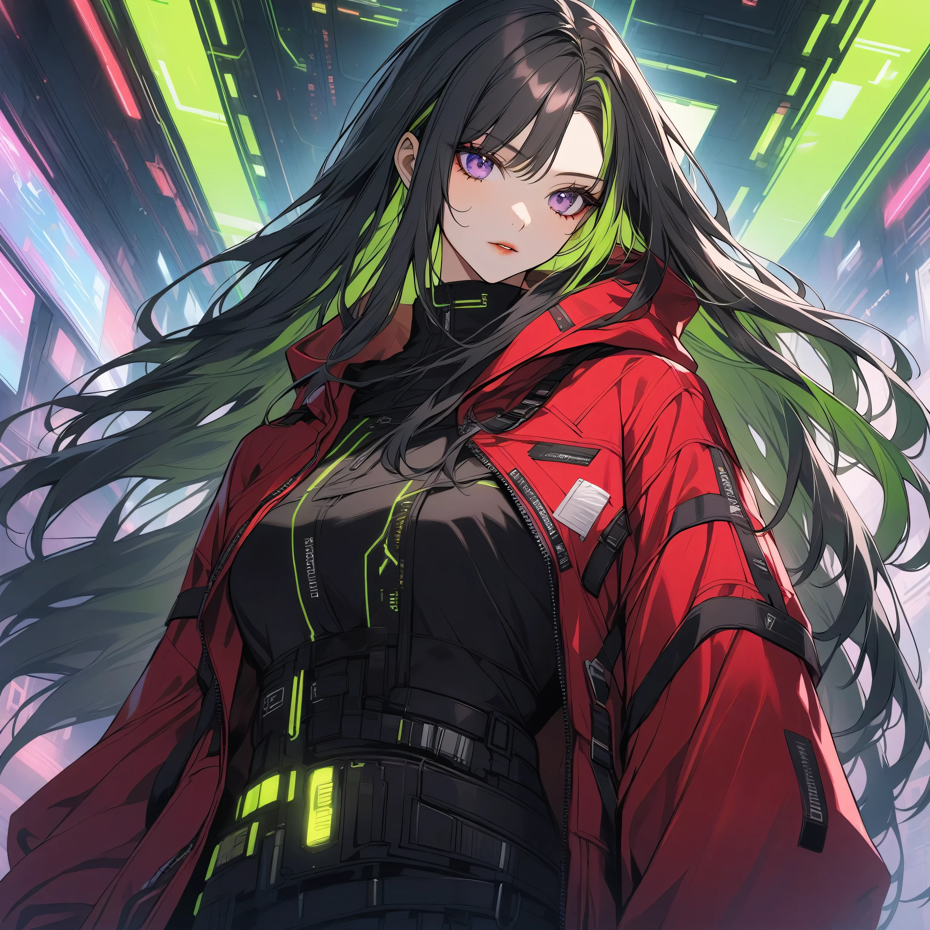 Handsome, solo, 1 female, long hair, black hair, green highlights on hair tips, purple eyes, black shirt, red robe, futuristic, cyberpunk