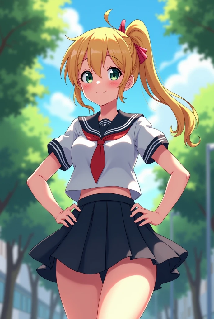 (highly saturated、colorful illustration:1.2)、(ponytail hair、golden hair、bright skin:1.2)、(long beautiful legs:1.2)、from below、1 girl, game CG, Girl in schoolgirl uniform, black skirt、white panties、put your hands on your hips、In front of school during the day、street tree々、smile、huge breasts, black eye, dynamic, outside、1 beautiful woman，Are standing、hair shines，rational movement，（（8K，masterpiece，realistic），（hyper detail，ultra clear，nature，Vibrant cleavage all over the body，Light chest，slender beautiful legs，stretch the meat，small breasts,((A suspicious learning man licks a girl)).man licking toes,