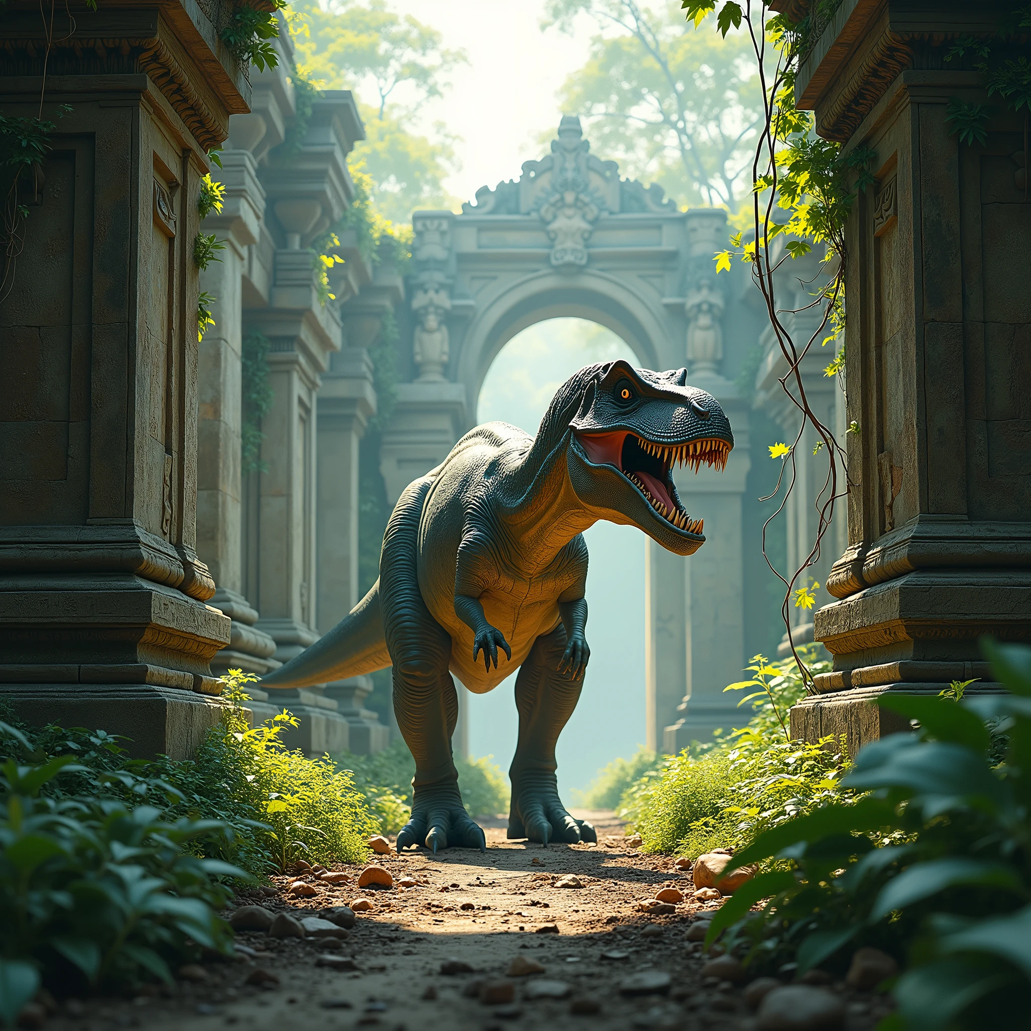 A dinosaur stalks amidst the ruins of an ancient, long destroyed temple complex.