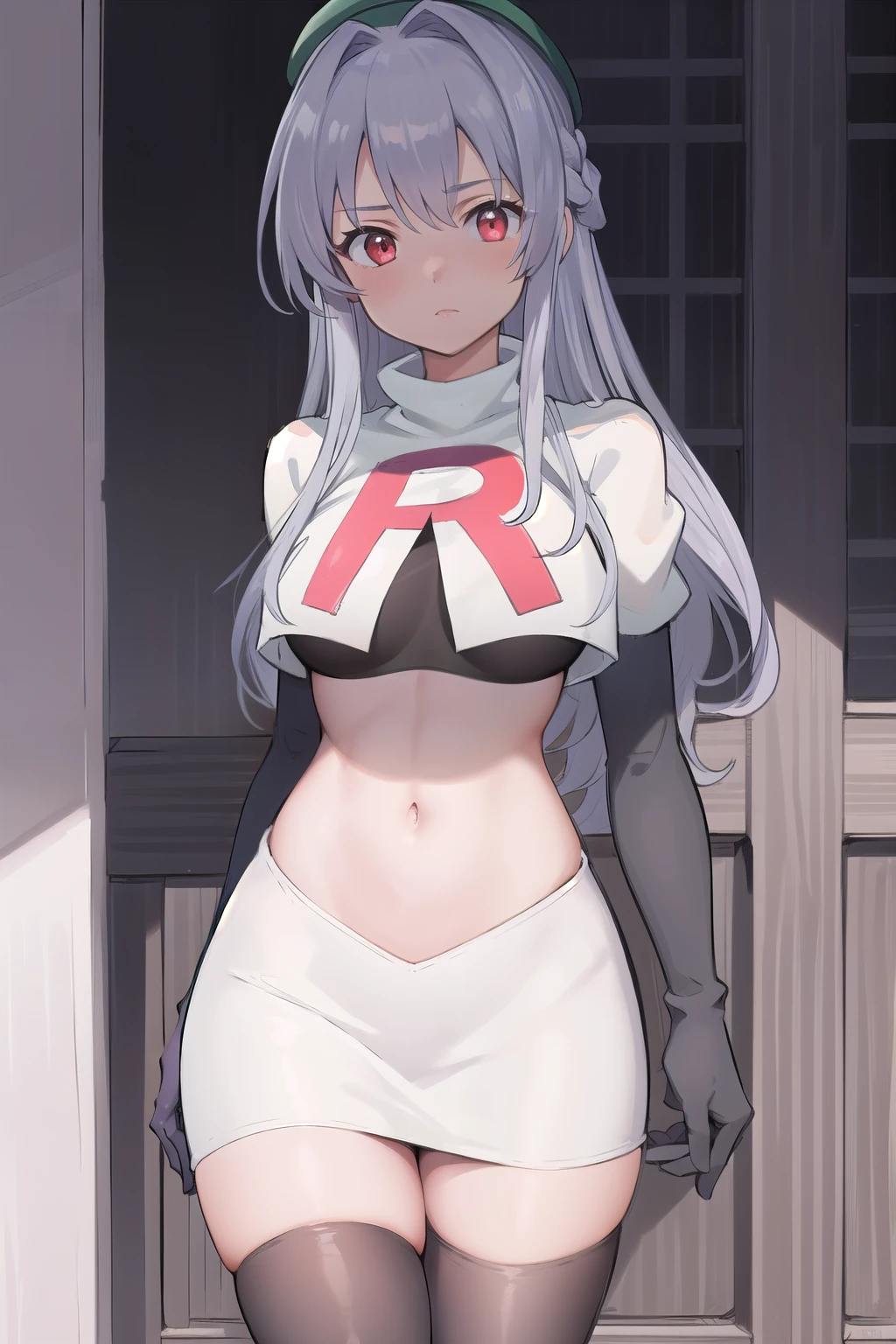 best quality, (masterpiece:1.2), illustration, absurdres,
(1girl, solo), (beautiful detailed girl),
Aeolia, lilac hair, long hair, red eyes, medium breasts,
green hat, hat with feather ornament, team rocket,team rocket uniform,white skirt,red letter R,crop top,black thigh-highs,black elbow gloves
looking at viewer,