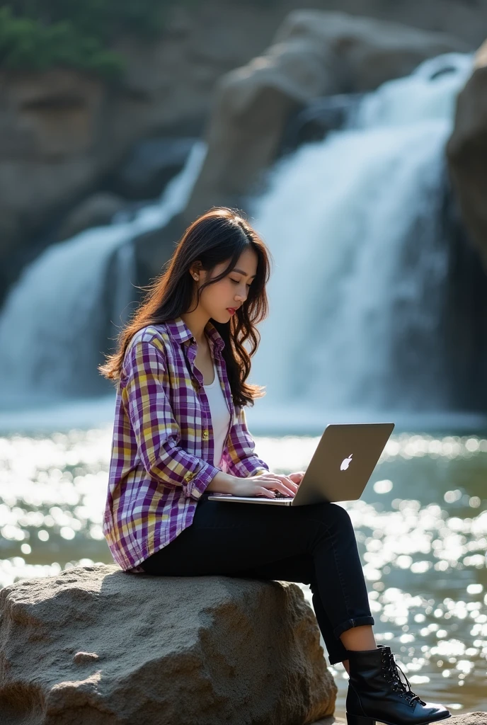 Beautiful Korean woman with white skin, clean, smooth, wearing a purple yellow and white checkered shirt, mamaskygibs logo, black jeans, boots, sitting on a rock while holding an iPhone laptop, striped waterfall background, original photo