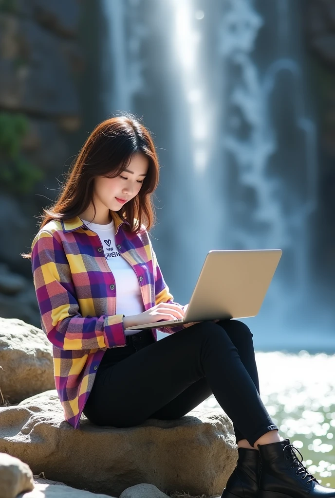 Beautiful Korean woman with white skin, clean, smooth, wearing a purple yellow and white checkered shirt, mamaskygibs logo, black jeans, boots, sitting on a rock while holding an iPhone laptop, striped waterfall background, original photo
