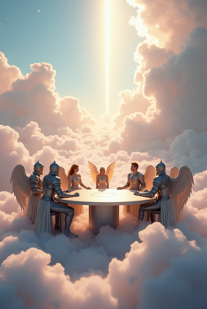 The ground is covered with a sea of clouds, making it a heavenly place.。
There is a cylindrical desk in the middle.、
4 men、Three blonde girls、angels、
Standing、Surrounding the desk。
The warriors are having a meeting。
