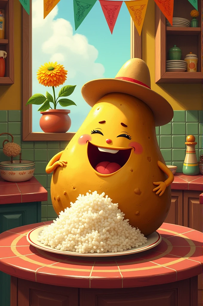 A potato with rice eating Angela Aguilar