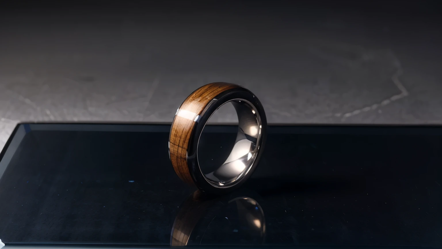 men's ring in white gold and Makassar ebony wood, polished in parallel,Tubular shape and futuristic design. placed on a base of small indigo blue Swarovski crystals and other transparent Swarovski crystals mixed elegantly on a black glass table surface