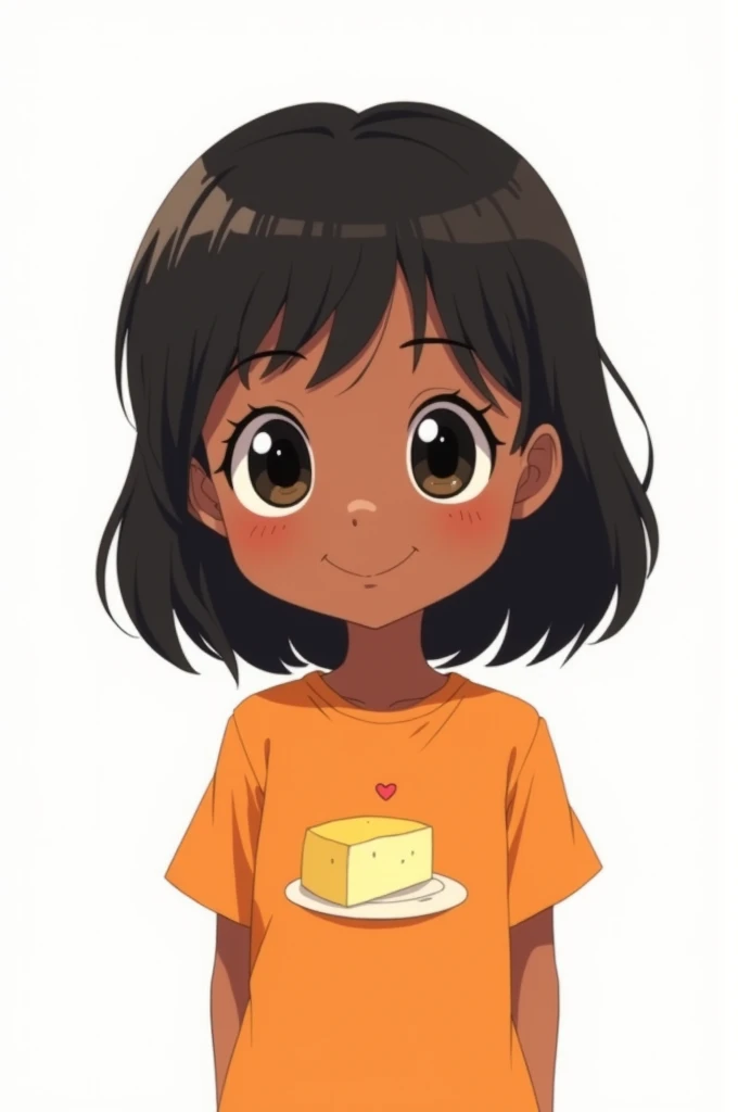 A little cute dark skinned anime girl, black hair and a little bit long dark eyes, and orange top with a margarine in the center, white background