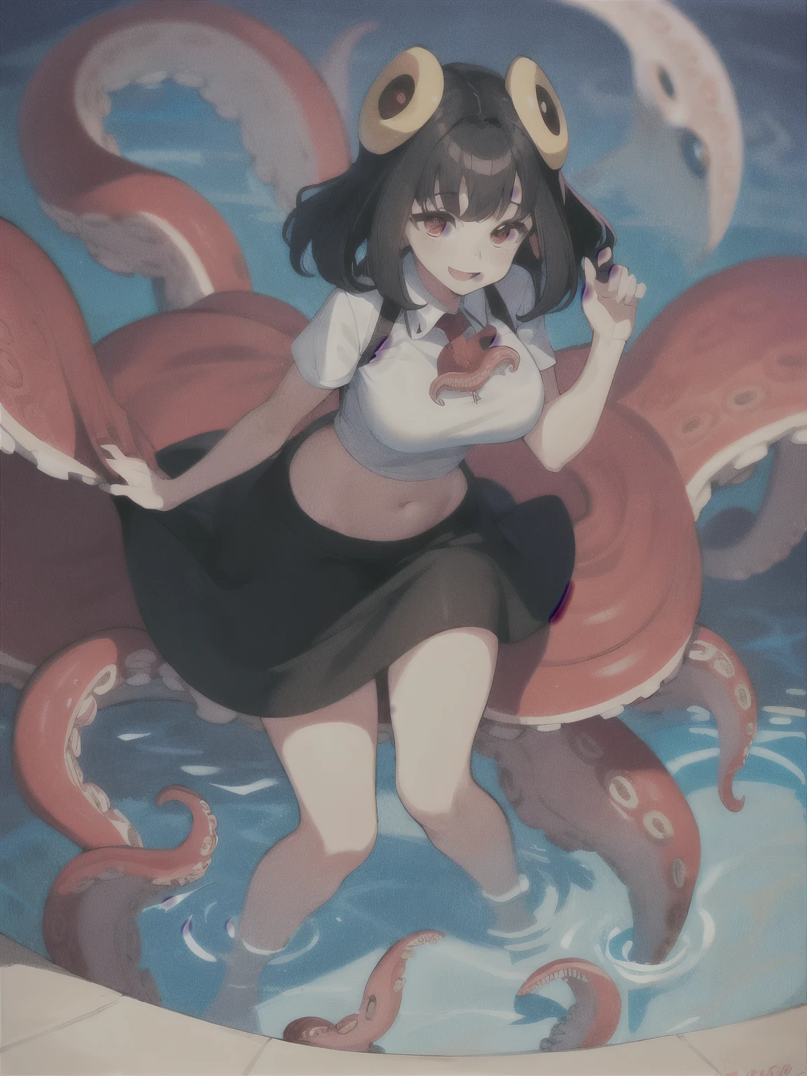 1girl with short black hair and a crop top, Scylla, masterpiece, best quality, in a pool, long hair, light smile, large breasts, skirt, red eyes, full body, octopus beak, octopus mouth