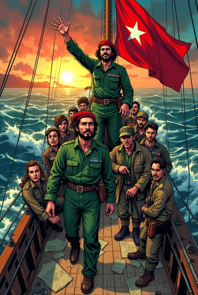 Create a comic image of Che Guevara and Fidel Castro, along with communist revolutionaries on a ship heading to Cuba