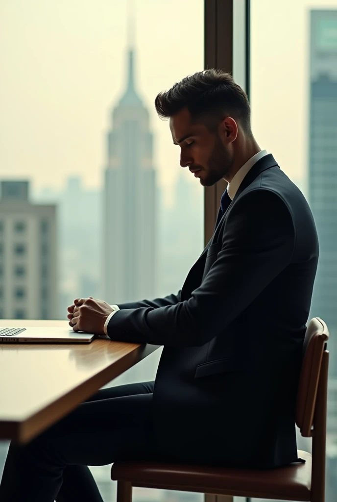 Make me a picture of a man sitting at a table leaning against a window, not so realistic, the man in a suit and tie, simplified, Profile, looking at the table