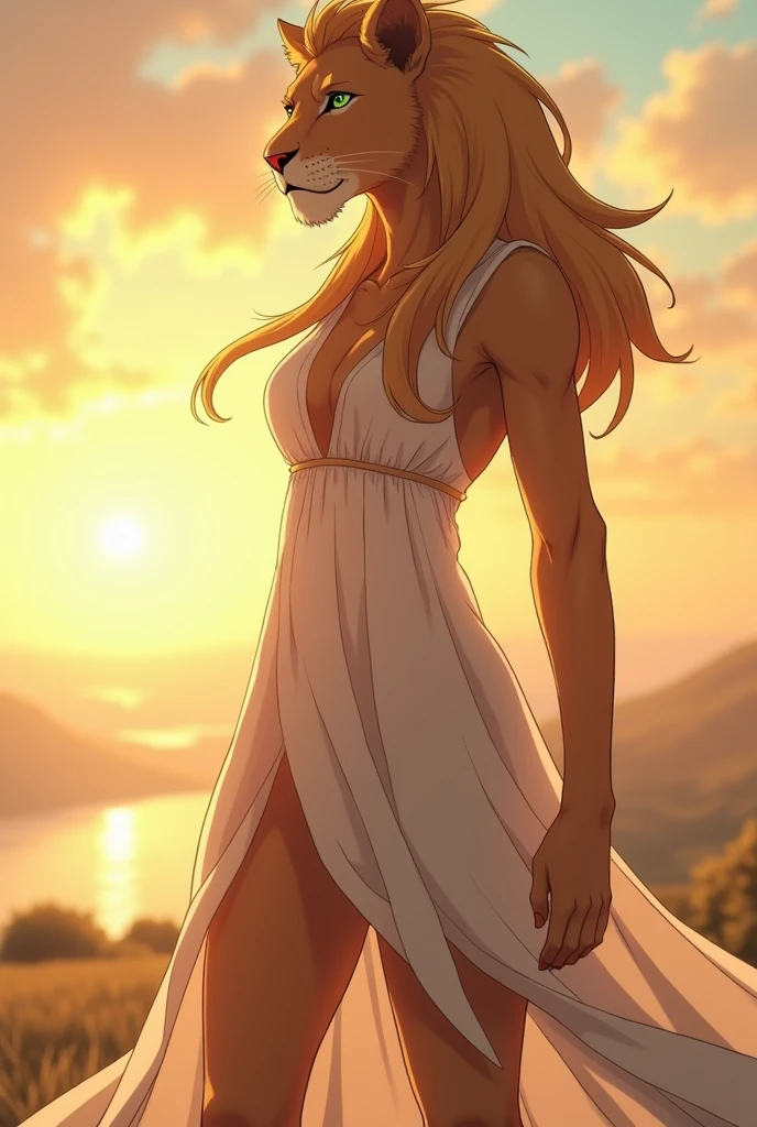 one body, one head, two legs, close up, furry, no mane, withouth mane, anthro, giant female, anthro lion, lioness, lion ears, antrophomorphic, light green eyes, razor sharp teeth, muscular body, handsome, slender, lanky body, really long arms, really long legs, tall, wearing a white dress, pawpads, alone, beastars, beastars anime, furry